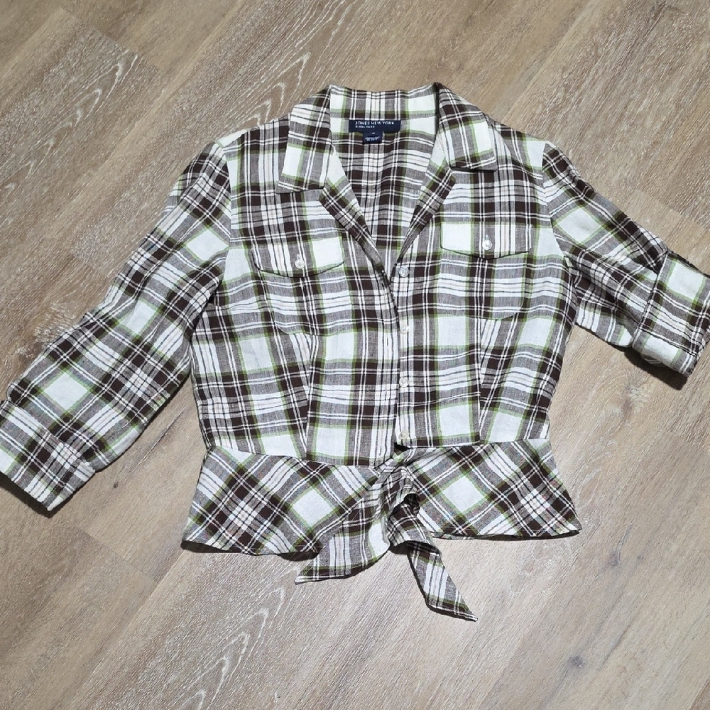 Jones New York 100% Linen Classic Plaid  Cream Brown Green Peplum Plaid Top